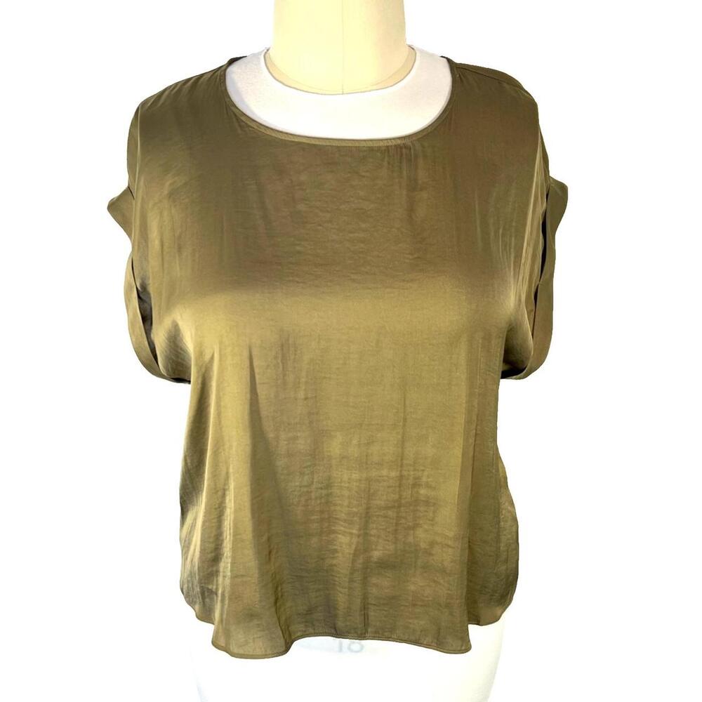 Nine West - Blouse Women's XXL Solid Khaki Beige Cuffed Short Sleeve V-Neck
